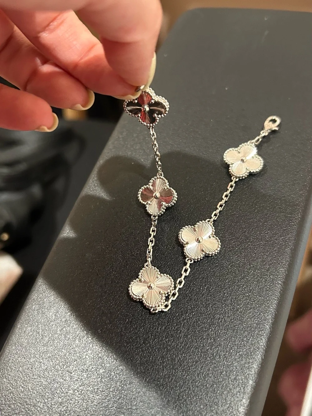 Silver Four-Leaf Flower Link Bracelet with White Accents